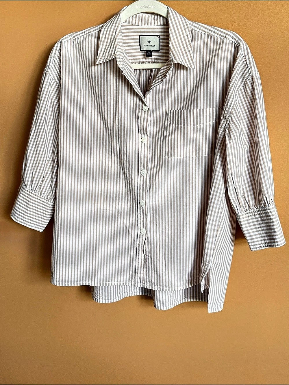 Tuckernuck Striped Cotton Button Down in White & Brown, Size Medium 3/4 Sleeves